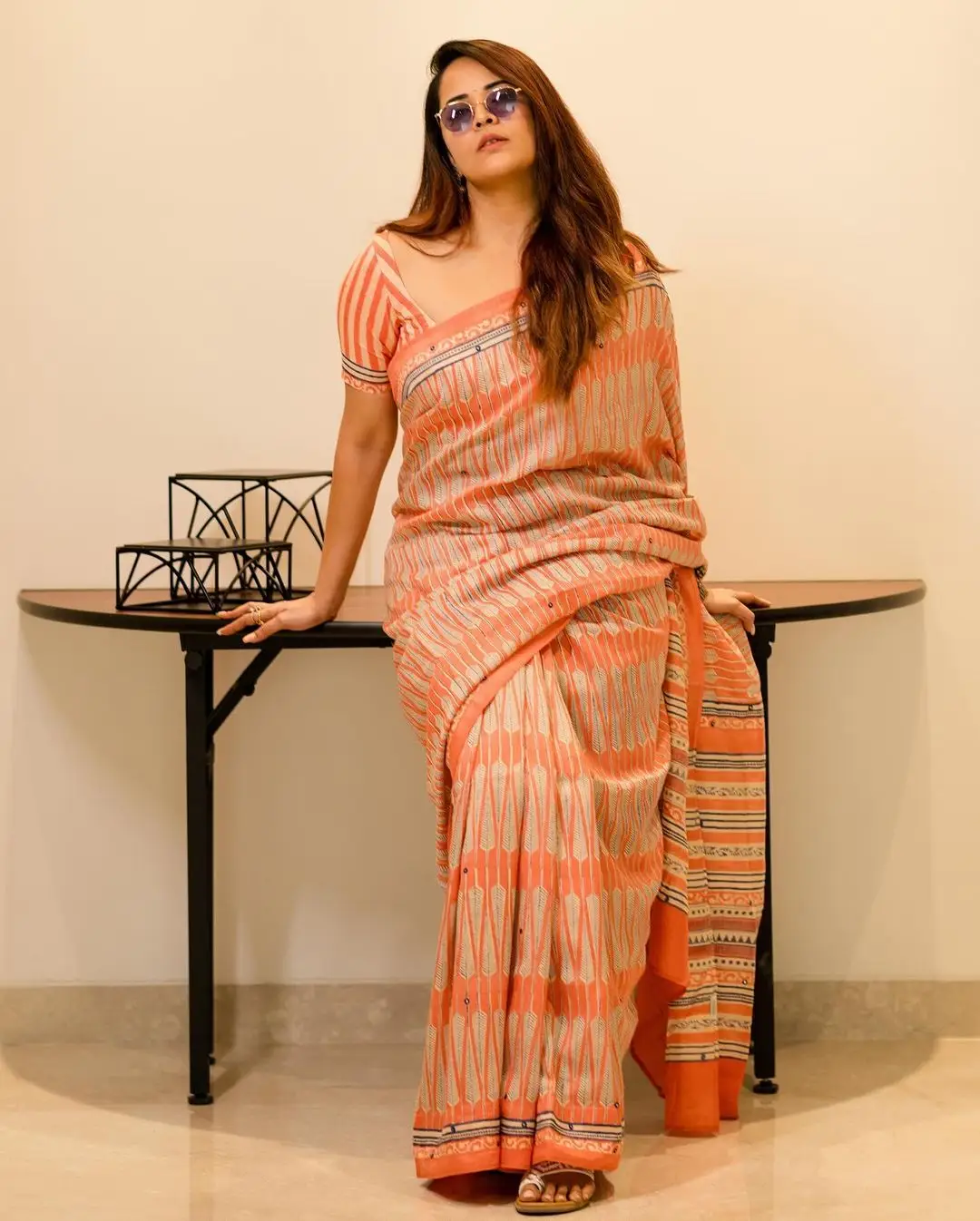 Maa TV Anchor Anasuya Bharadwaj in Orange Designer Saree